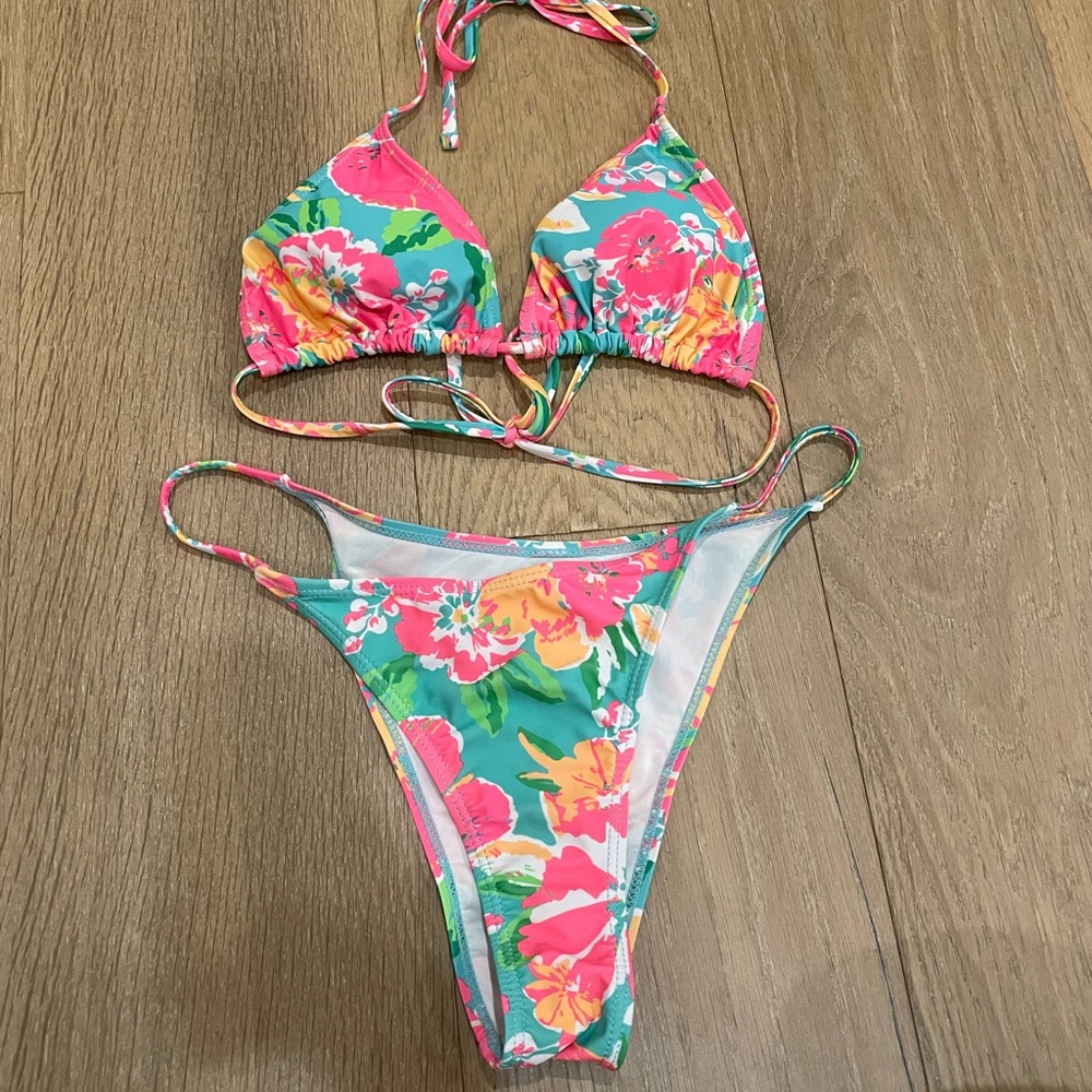 SHEIN Pink Green Floral String Triangle Bikini